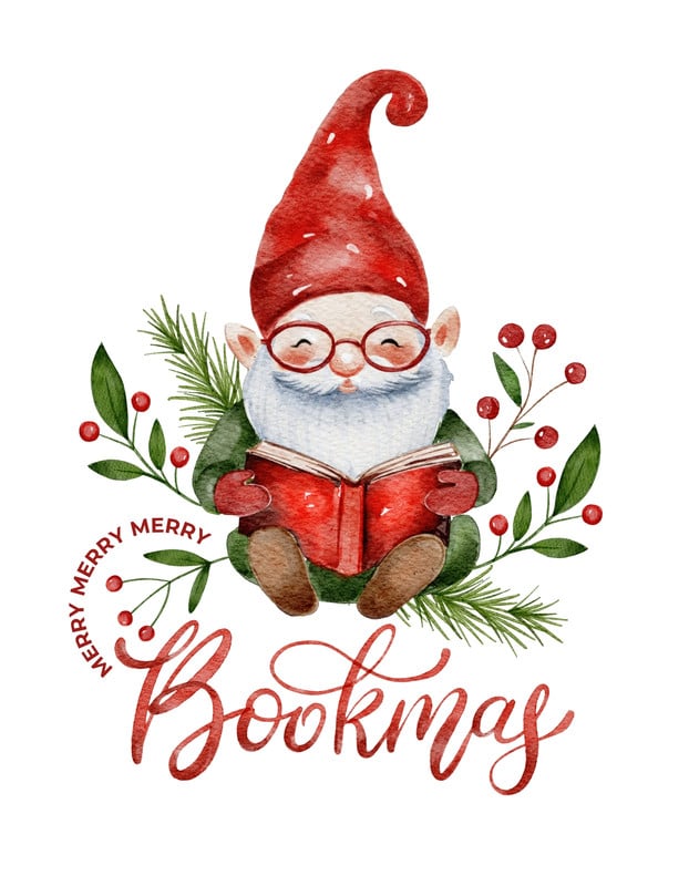 Illustrated Cute Gnome Book Reading Christmas T-Shirt Canva template, red