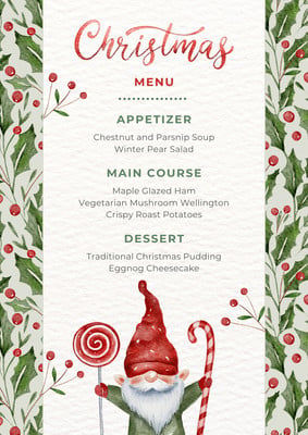 Cute Watercolor Gnome Christmas Dinner Menu Canva template, green and red