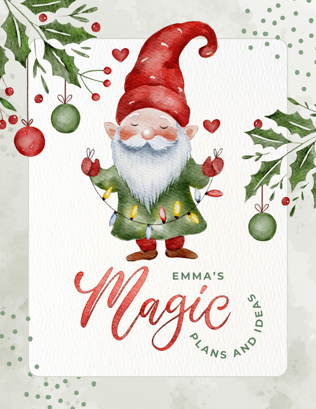 Cute Watercolor Christmas Gnome Winter Planner Canva template, red and green