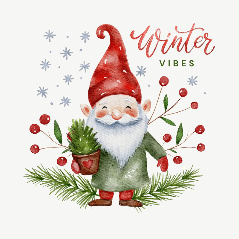 Cute Illustrated Christmas Gnome Winter Vibes Card Canva template, red and green