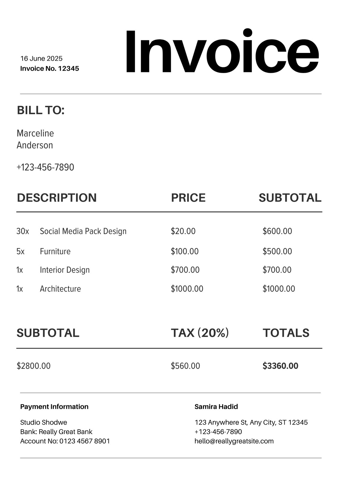 Black and White Minimalist Business Invoice