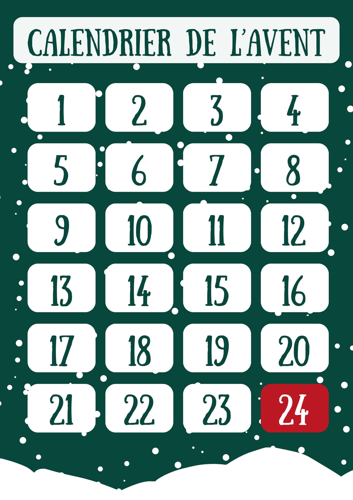 Calendrier de l'Avent Vert blanc Affiche Calendrier de l'Avent Vert blanc Affiche