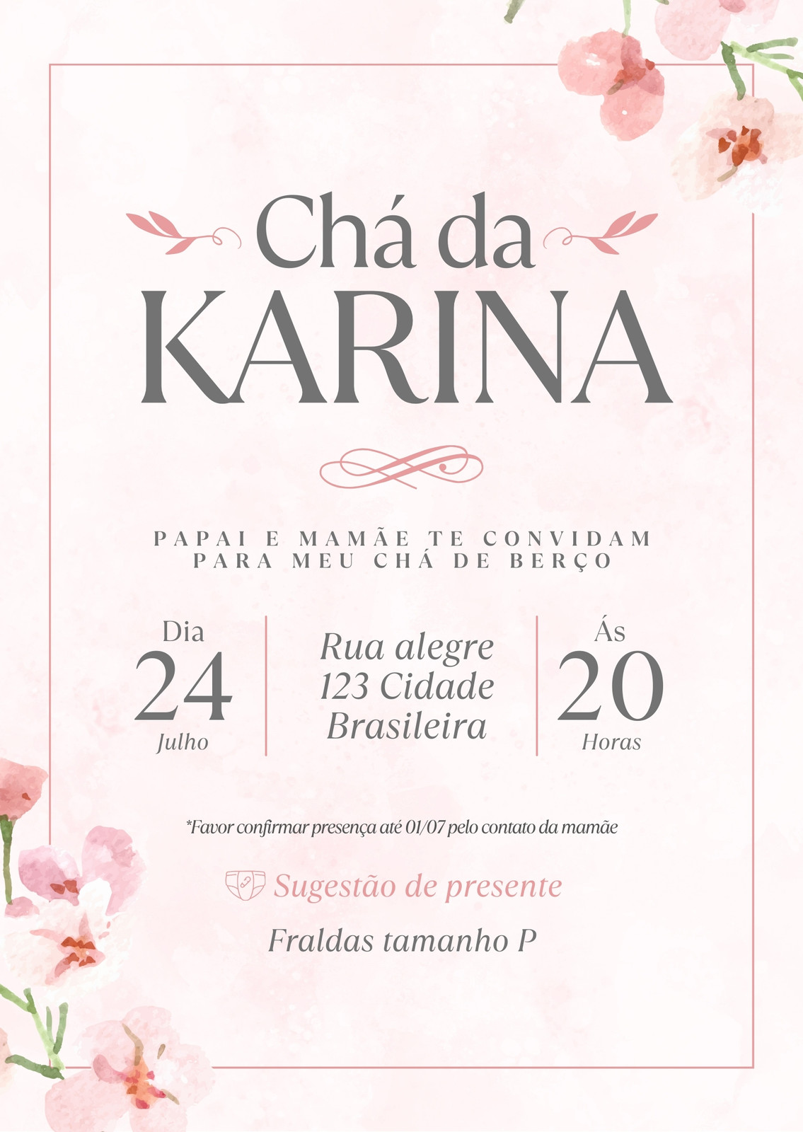 Convite Chá de berço rosa com flores