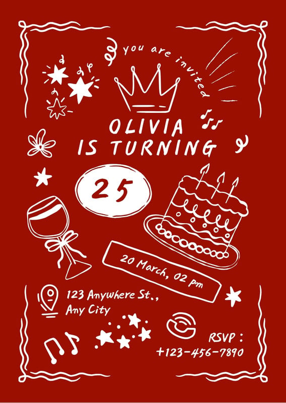 Whimsical Hand Drawn 25th Birthday Anniversary Invitation Canva template, red and white