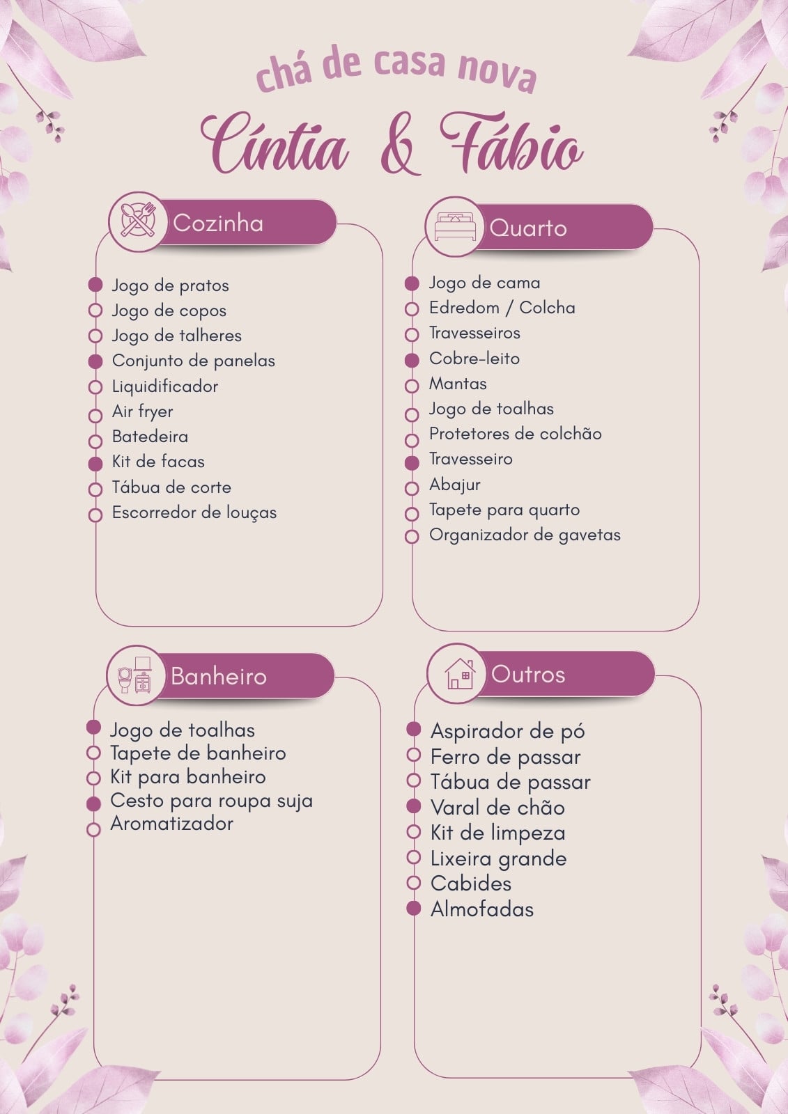 Documento A4 lista para chá de casa nova delicado floral moderno minimalista