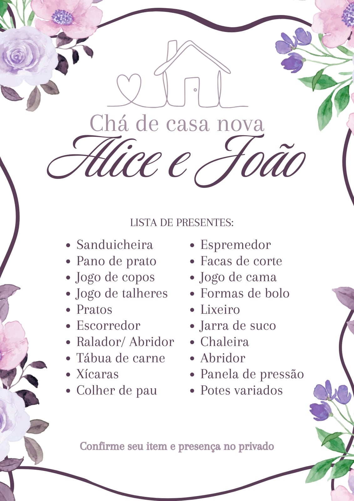 Documento A4 lista para chá de casa nova delicado floral moderno minimalista