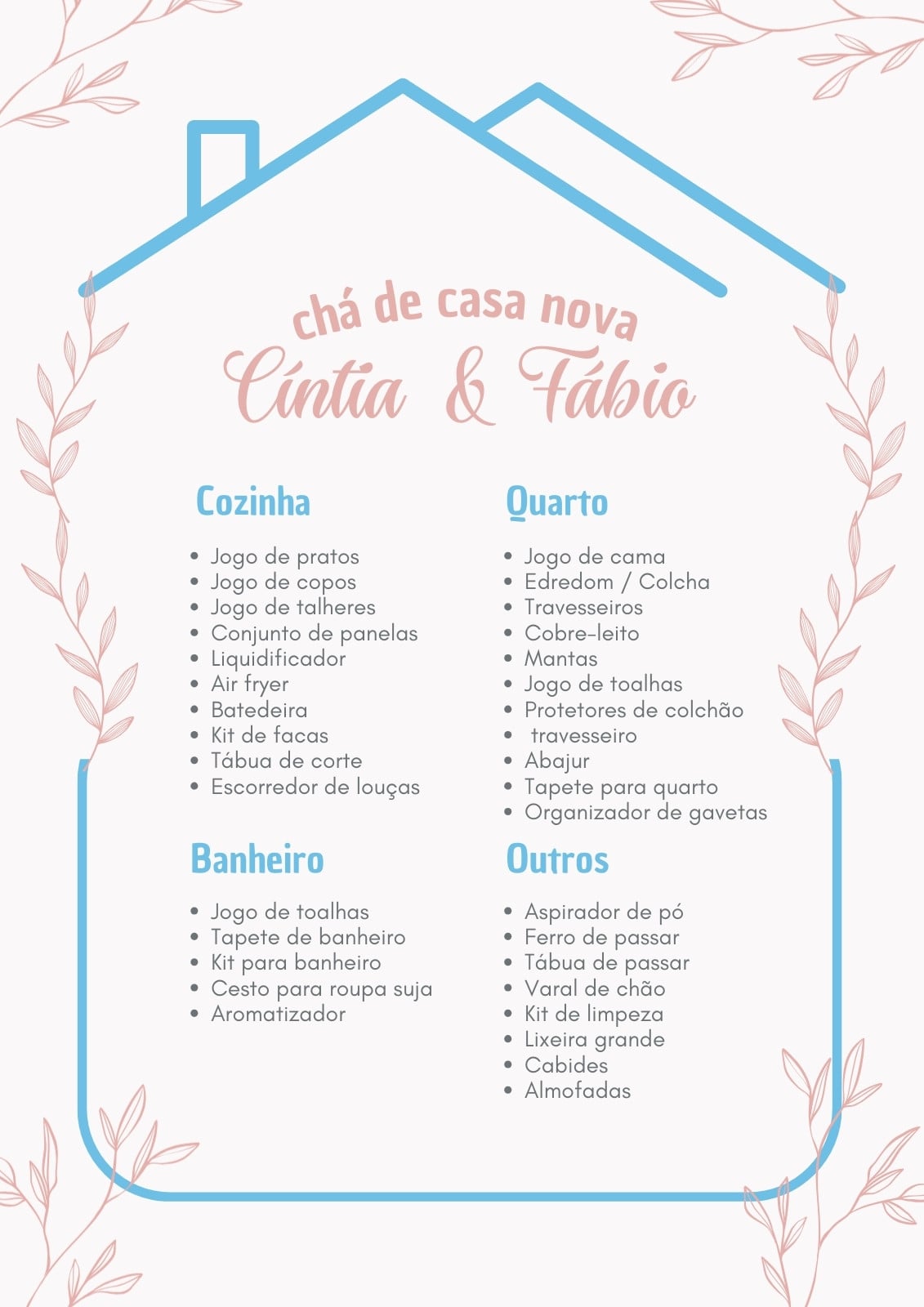 Documento A4 lista para chá de casa nova delicado floral moderno minimalista