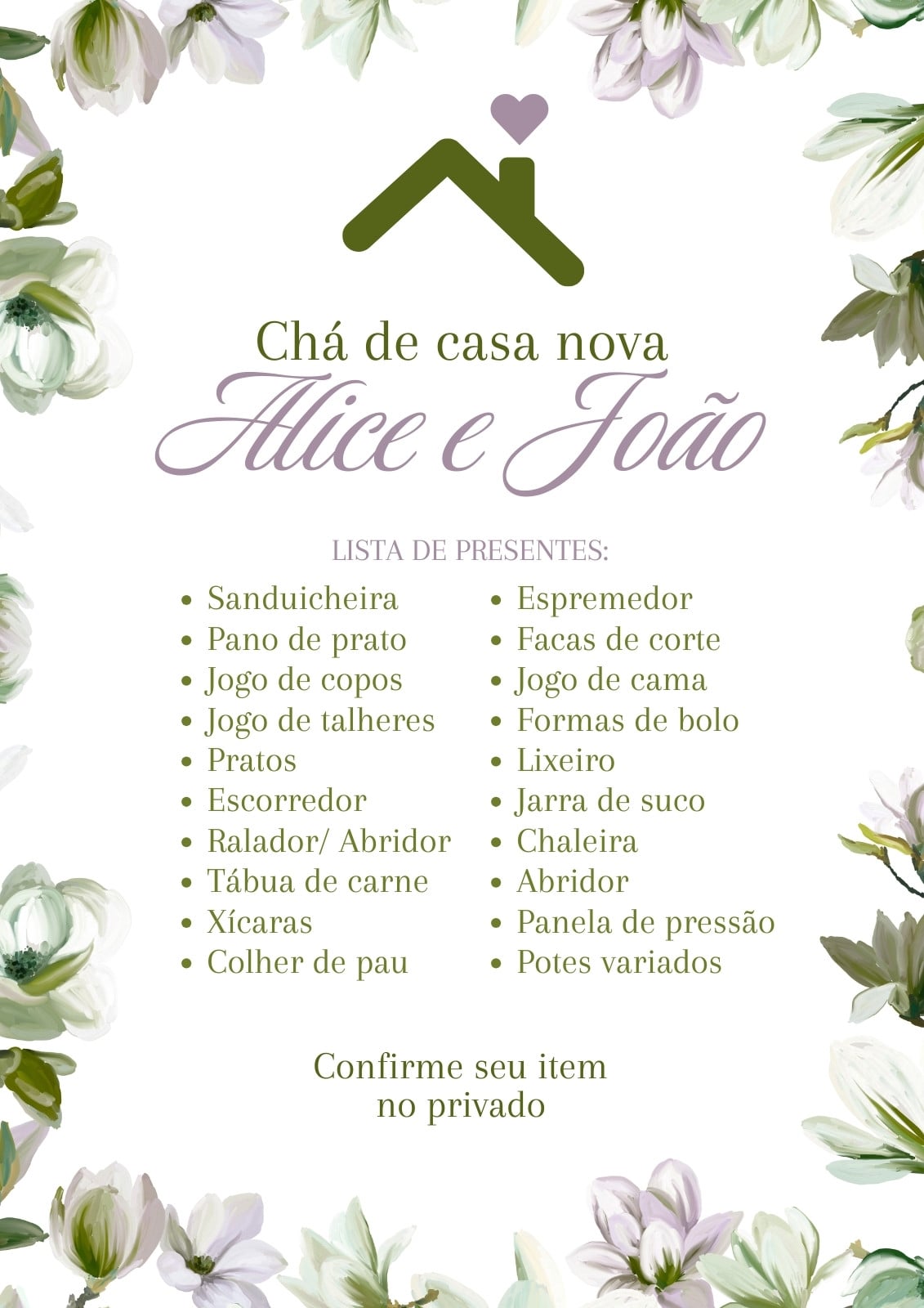Documento A4 lista para chá de casa nova delicado floral moderno minimalista