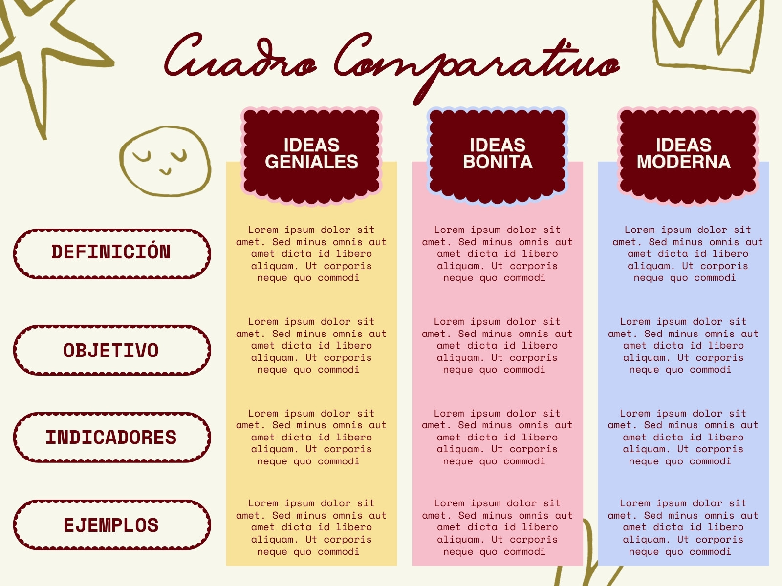Gráfica Cuadro Comparativo Moderno Ilustrado Rosa Beige Amarillo