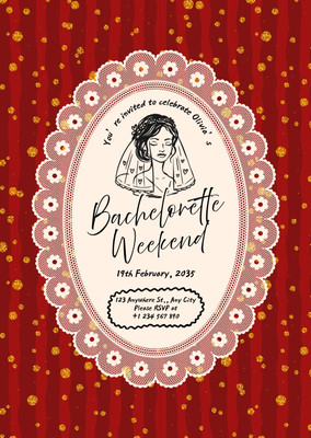 Vintage Retro Bachelorette Weekend Invitation Canva template, red and gold