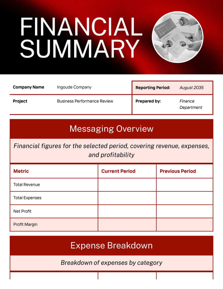 Modern Business Financial Summary Overview Doc Canva template, red and white