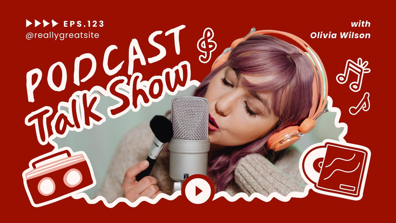 Playful Animated Dynamic Podcast YouTube Thumbnail Canva template, red and white