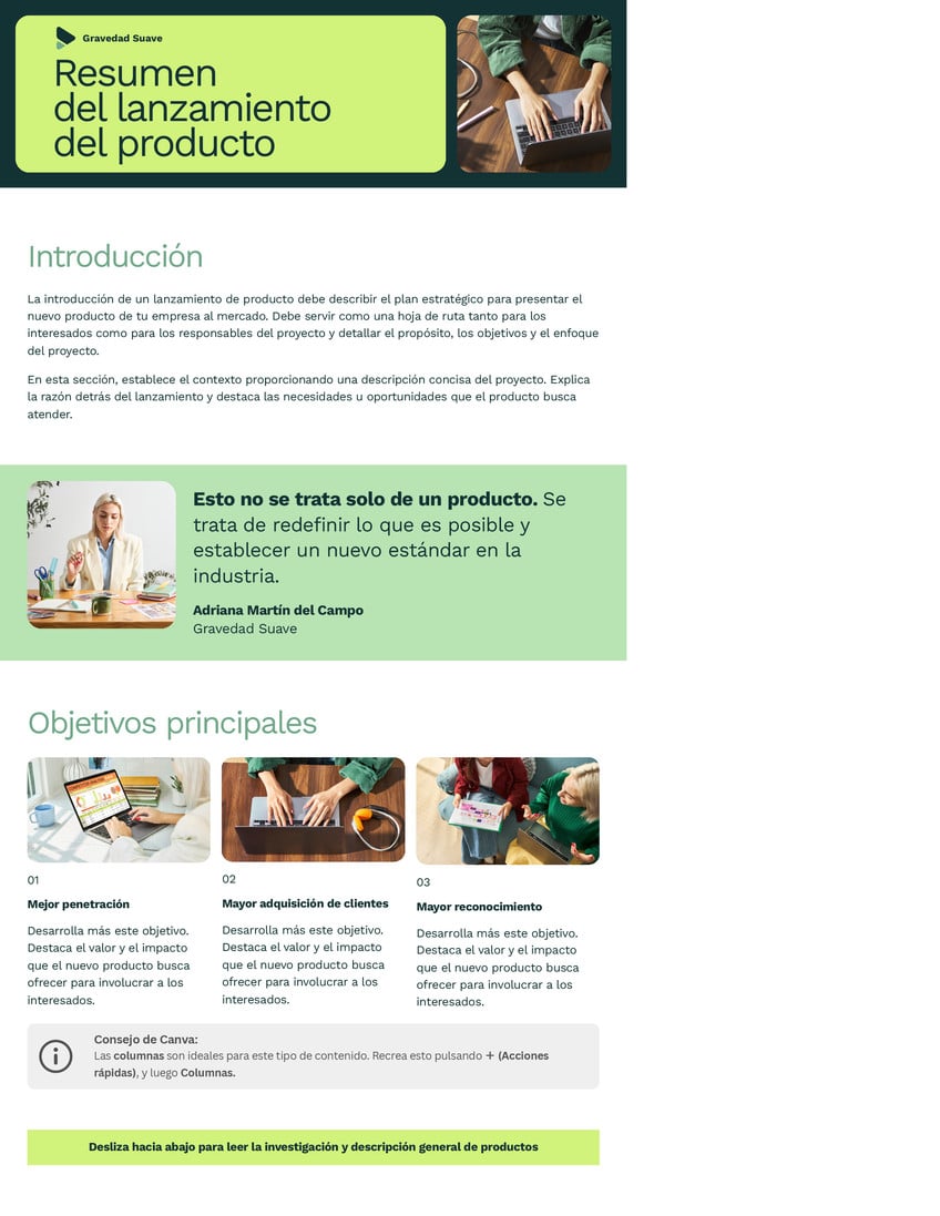 Doc de lanzamiento del producto estilo bloques de colores expresivos en verde oscuro amarillo verde claro