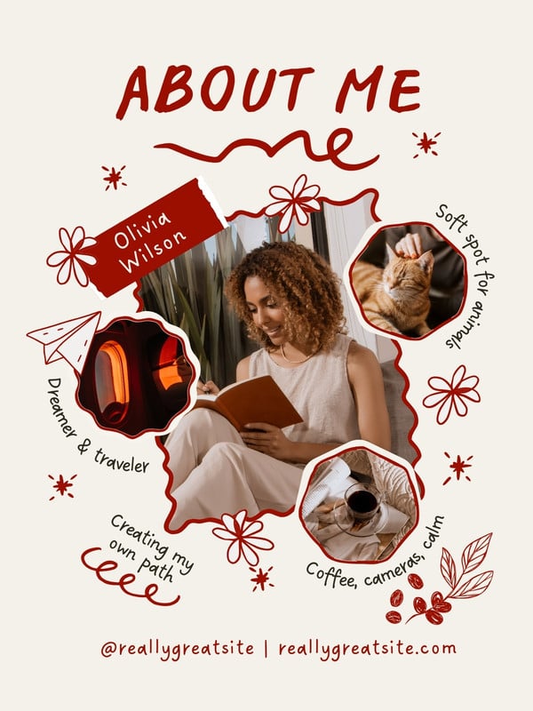 Illustrated Whimsical Photo Collage Personal About Me Profile Instagram Post Canva template, red and beige