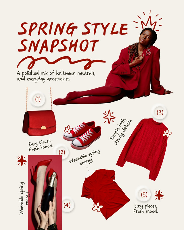 Scrapbook Whimsical Spring Fashion Look Snapshot Instagram Post Canva template, red and white
