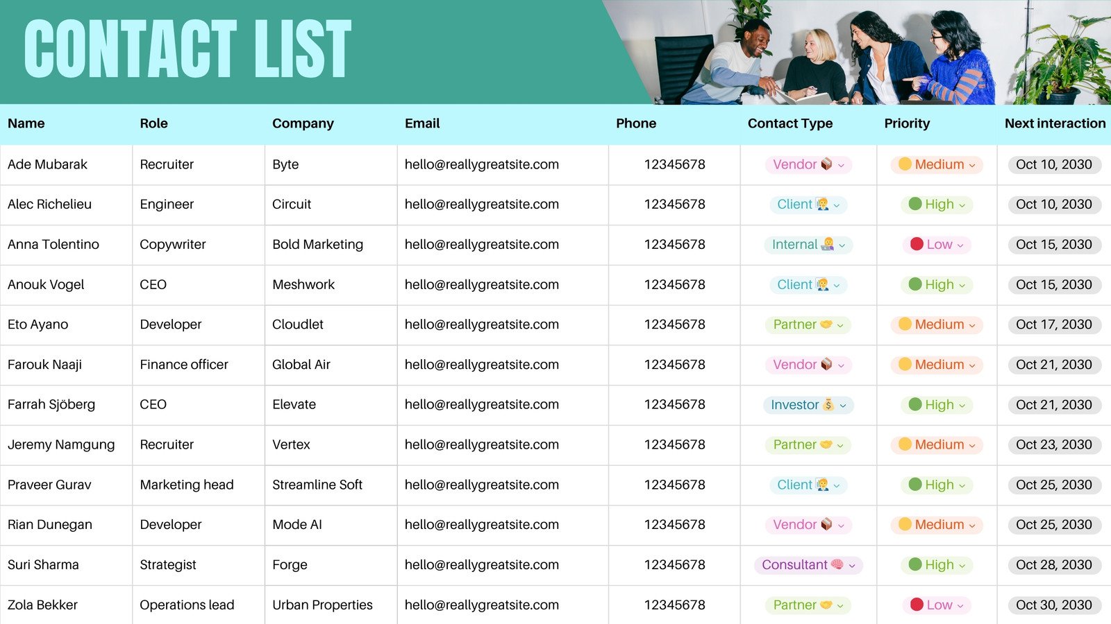 Contact List Sheet in Turquoise Light Blue Brand SMB: Bold & Poppy Style