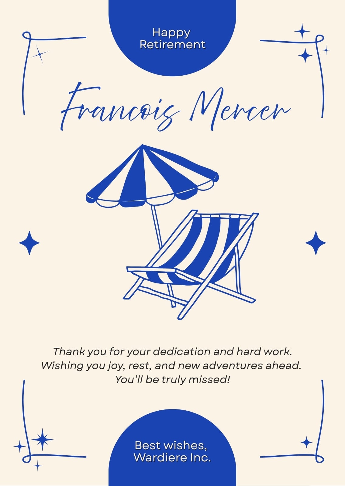 Beige and Blue Minimalist Illustrated Handraw Happy Retirement Card