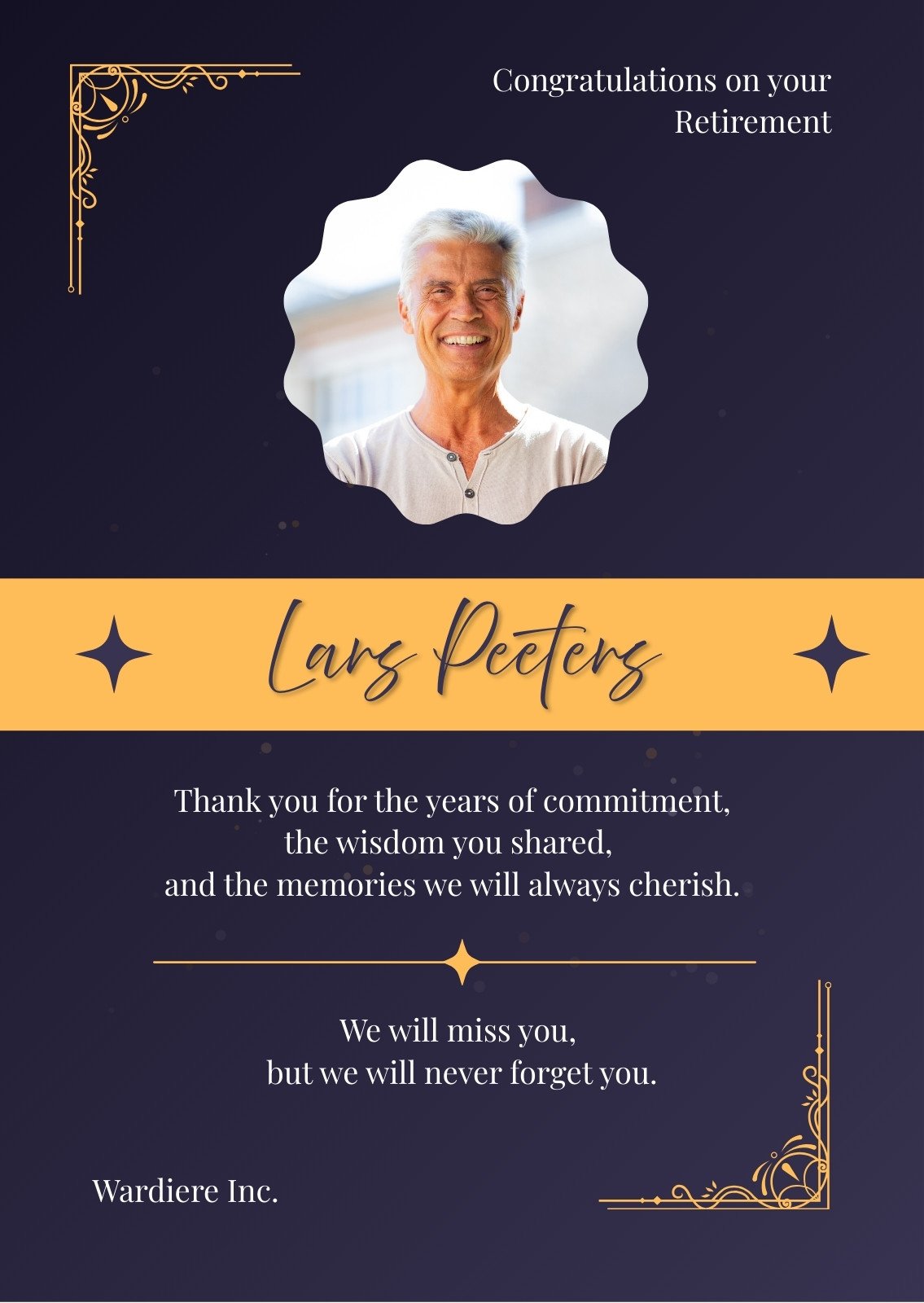 Blue and Yellow Classic Elegant Happy Retirement Card