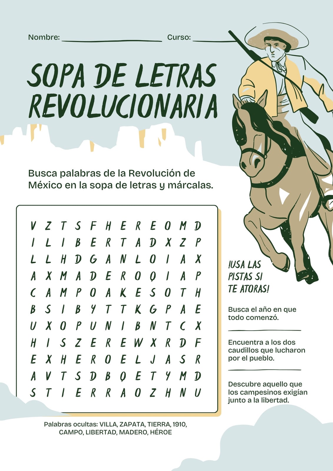 Sopa de letras de la revolución mexicana ilustrada en azul claro con blanco y café Sopa de letras de la revolución mexicana ilustrada en azul claro con blanco y café