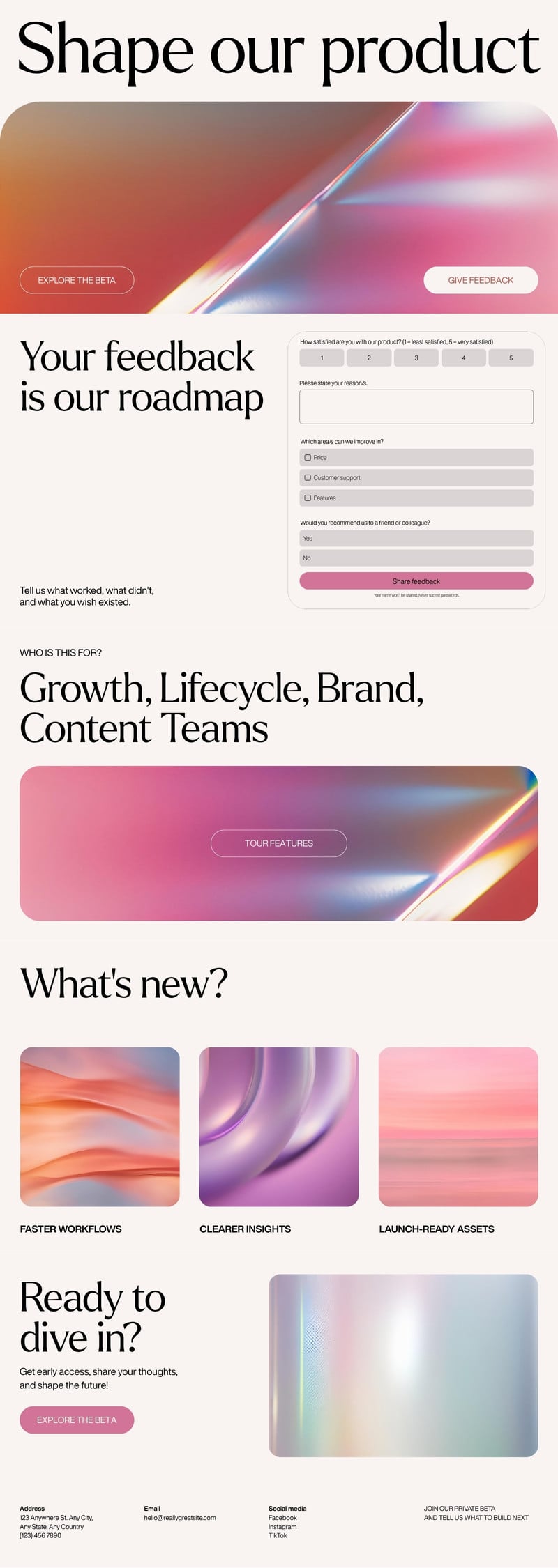 Beta Feedback Collection Form Website in Rose Pink Dark Orange White Clean & Soft Style