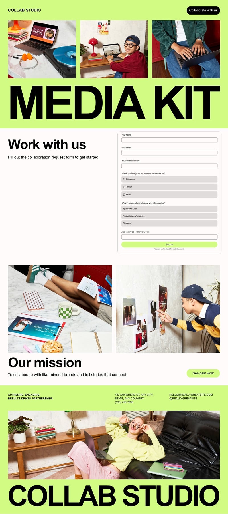 Media Kit Form Website in Cream Light Green Mature but Expressive Style