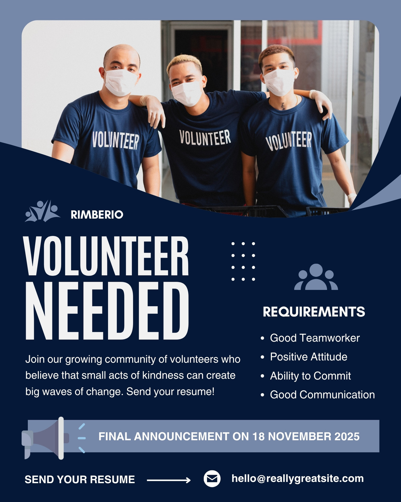 Blue and White Modern Volunteer Recruitment Instagram Post