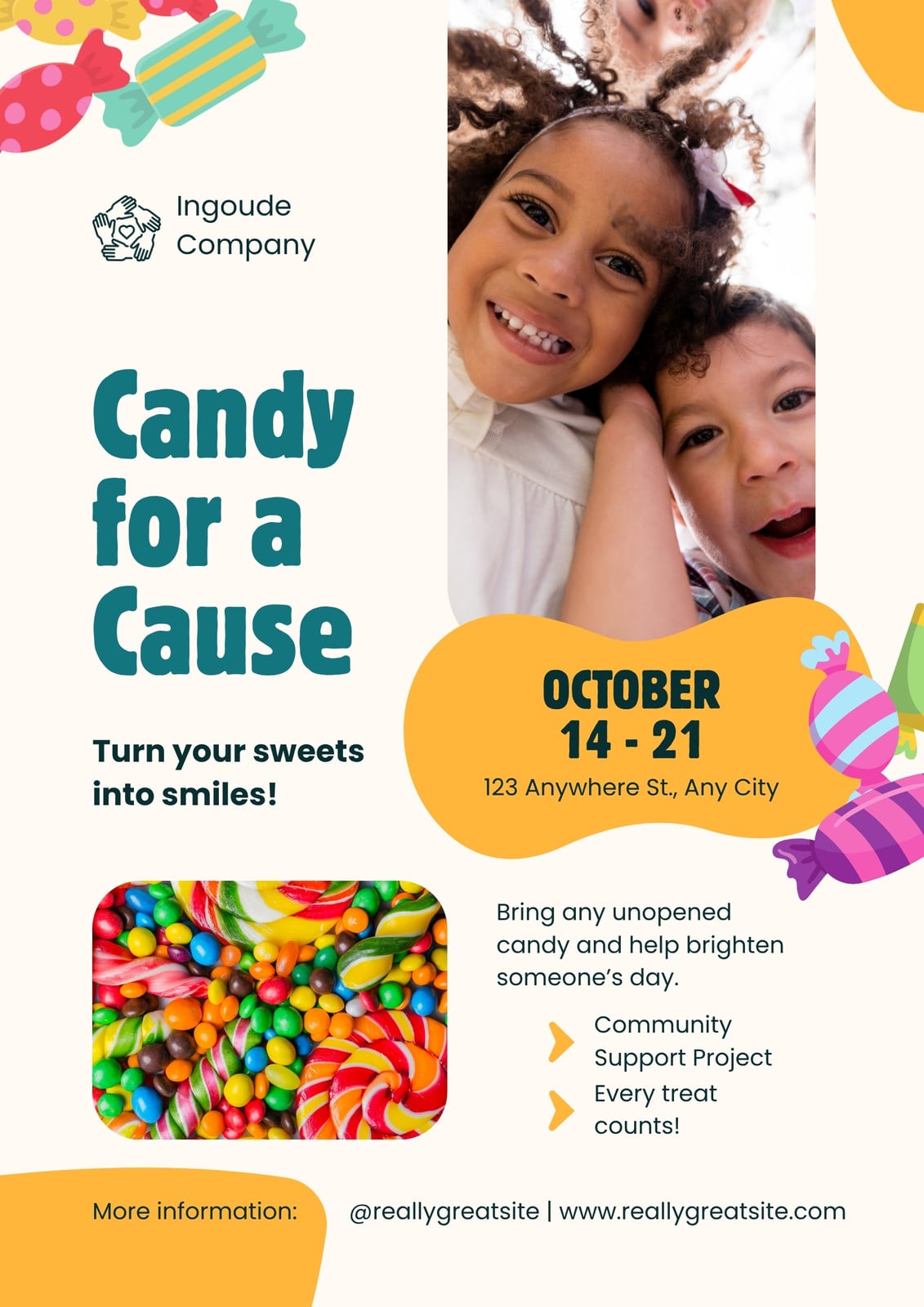 Yellow And Teal Playful Community Help Kindness Candy Donation Flyer