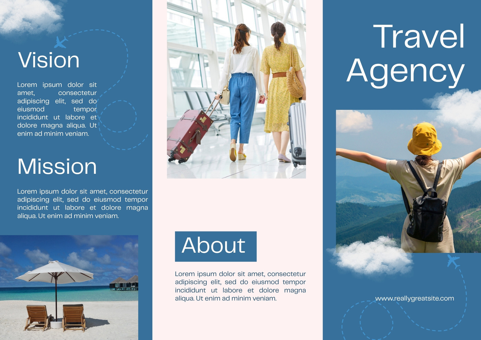 Blue and White Plane Cloud Illustrative Travel Agency Trifold Brochure