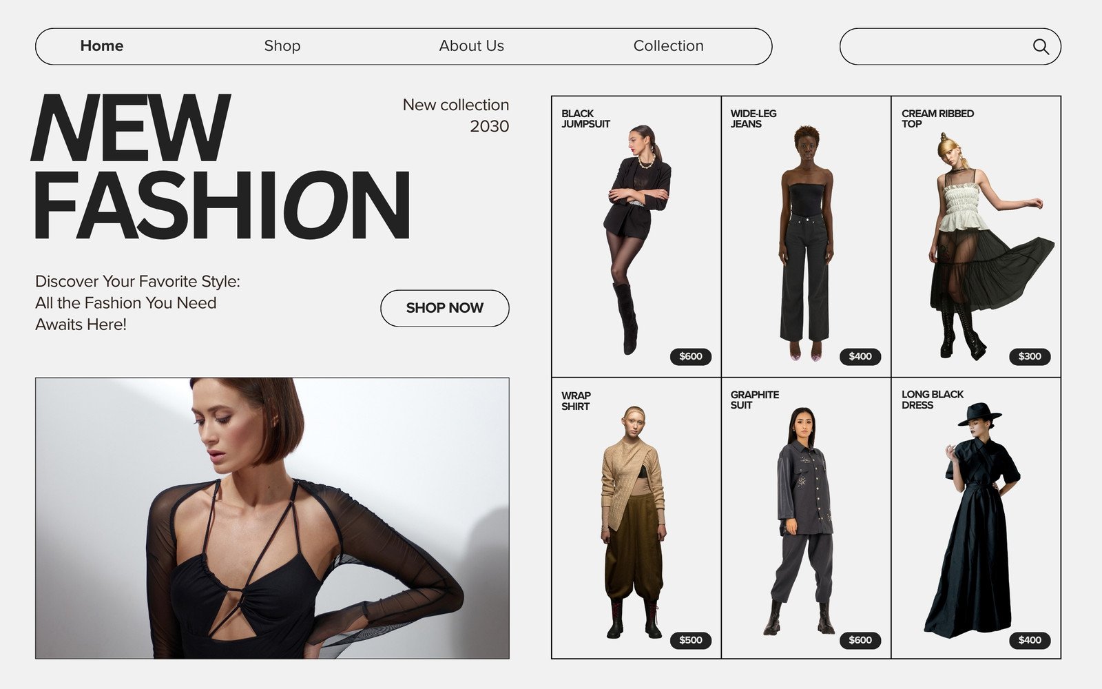Black and White Modern Woman Fashion Brand Collection UI Desktop Mockup Desktop Prototype