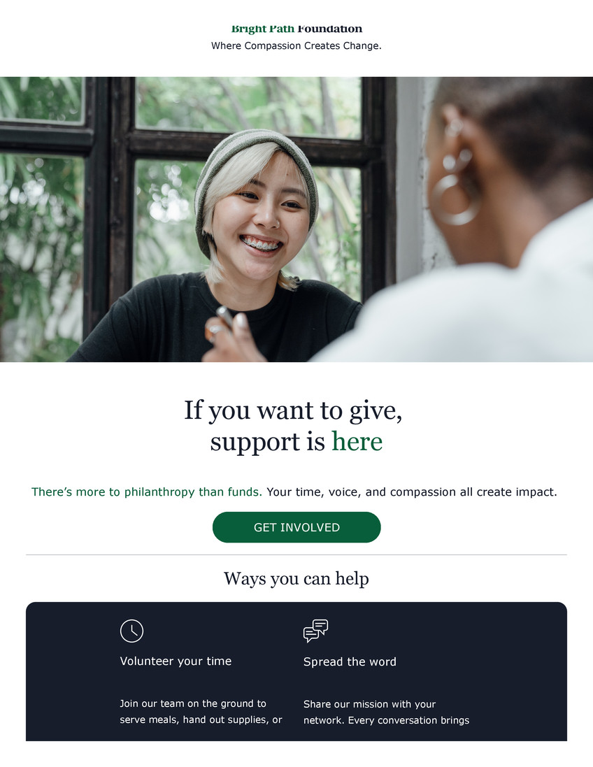 Nonprofit & Charity Email in White Black Dark Green Bare Minimal Style