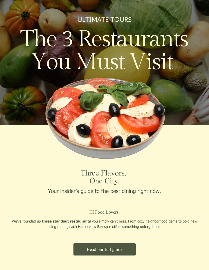 Travel & Hospitality Email in Cream Dark Green Light Yellow Warm Elegant Style