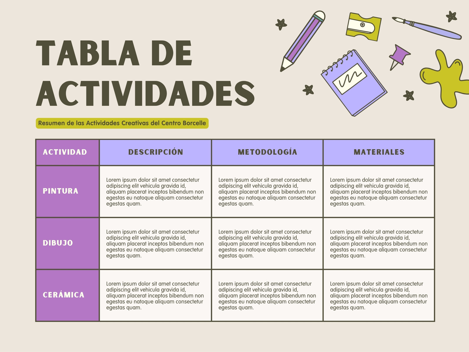 Tabla Cuadro de Actividades Ilustrativo Morado