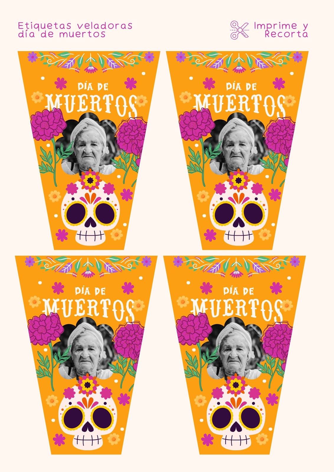 Etiquetas para veladoras - Día de Muertos - Ilustradas y naranja - Documento A4