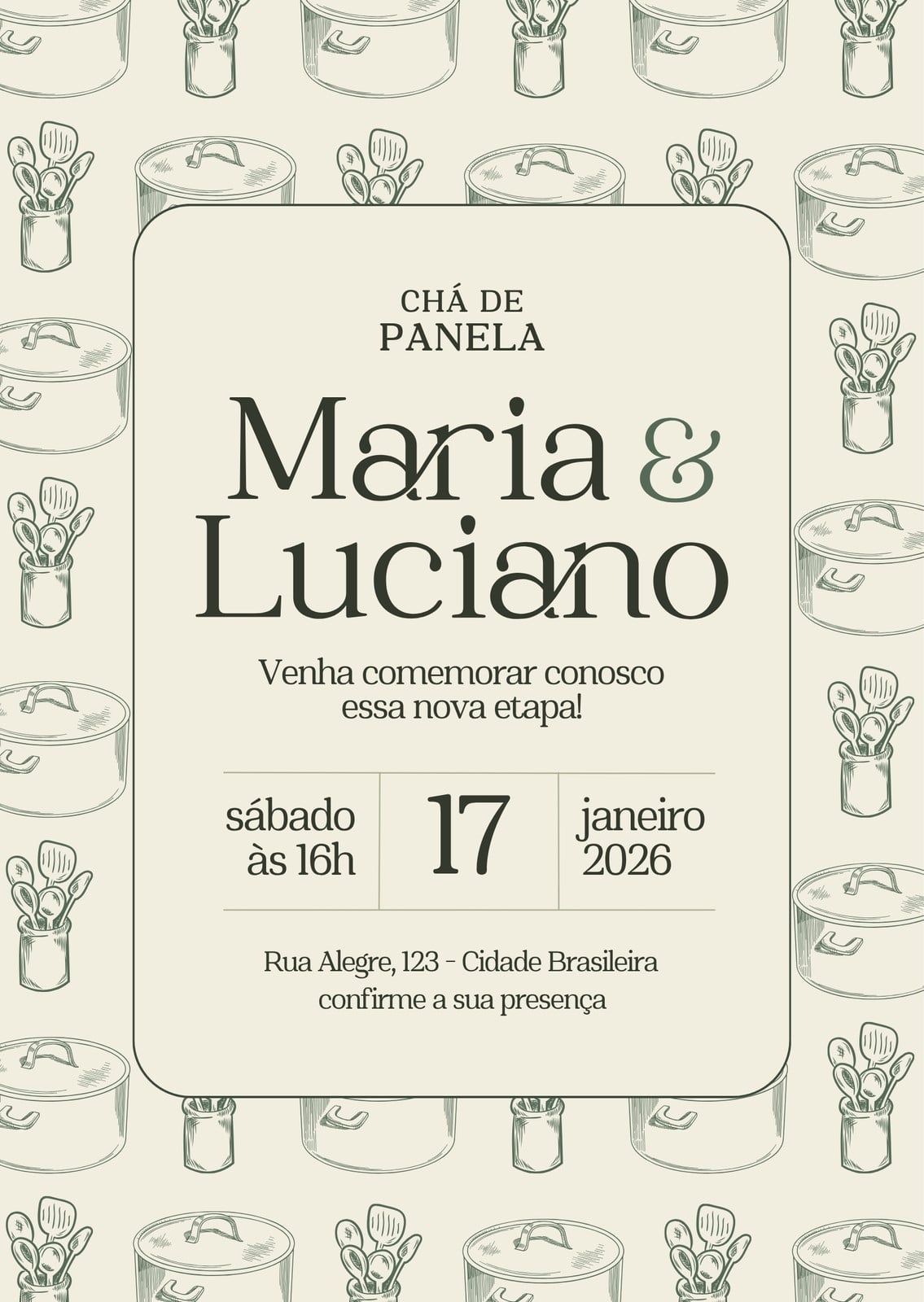 Convite chá de panela noivos moderno verde bege