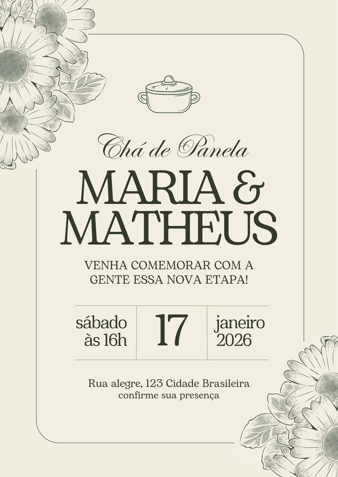 Convite chá de panela casamento simples verde branco