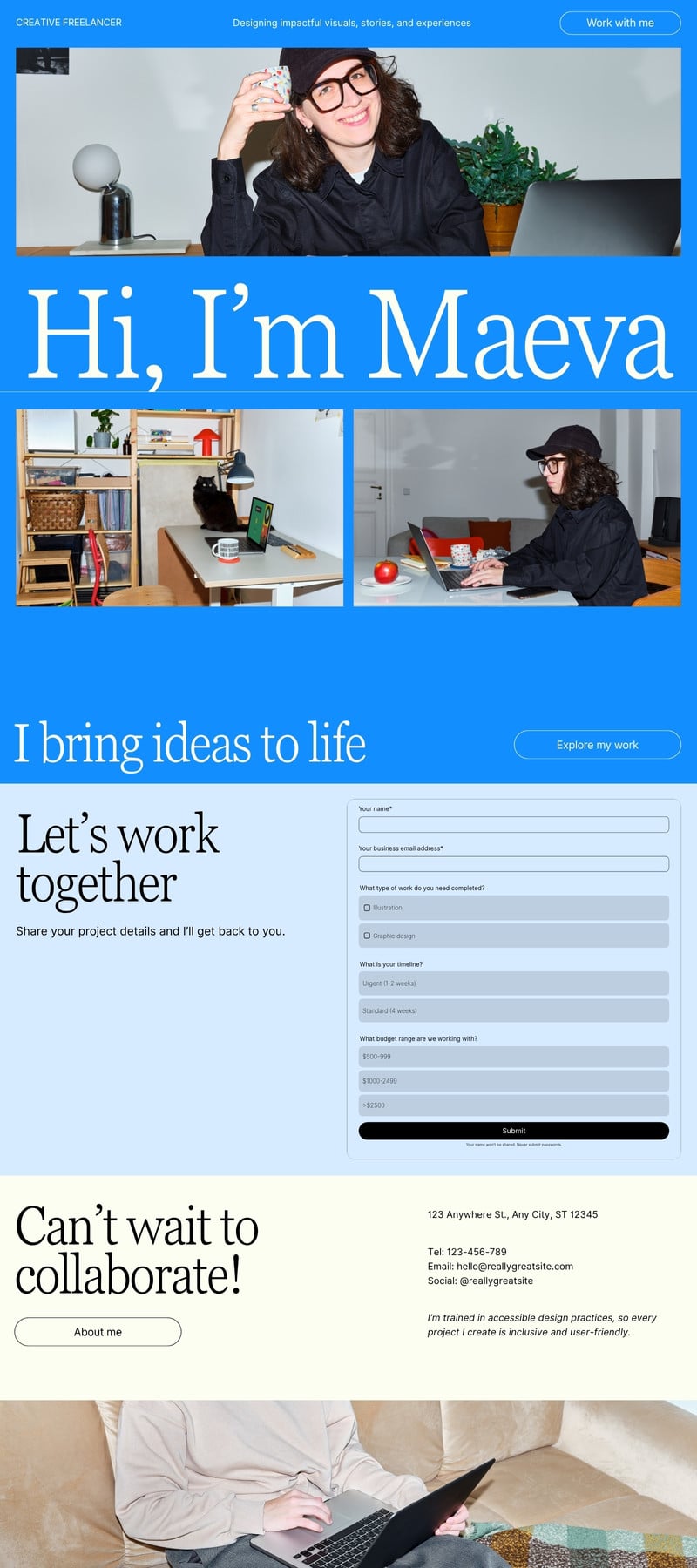 Freelance Portfolio Form Website in Blue White Light Blue Clean & Soft Style