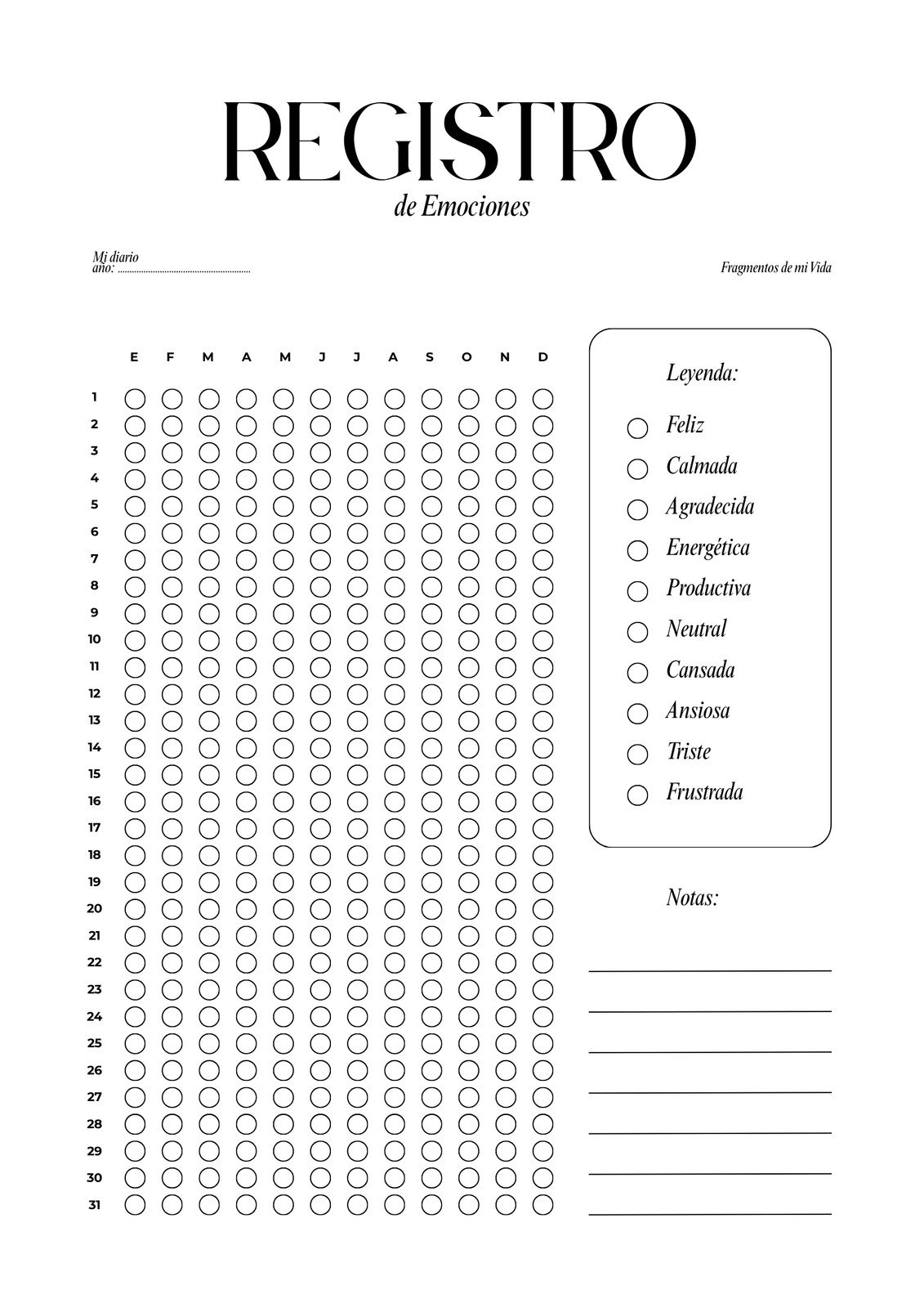 Agenda Diario Registro Emociones Minimalista Blanco y Negro