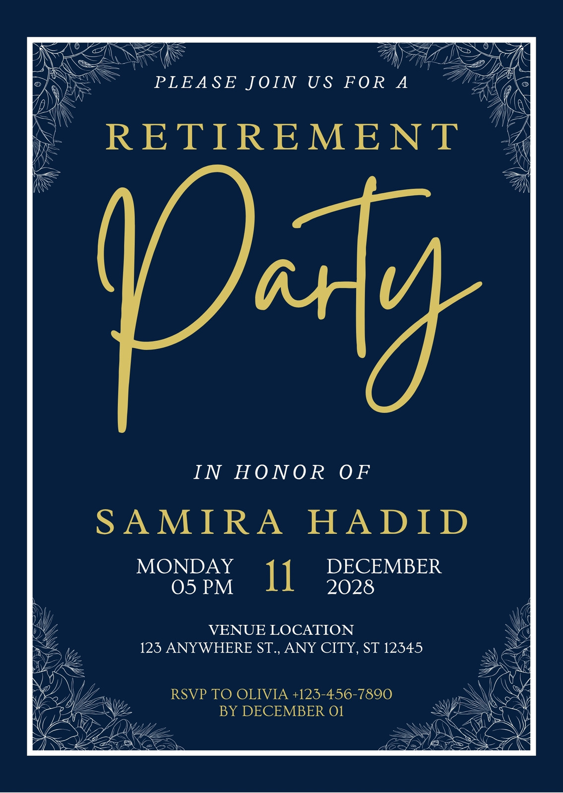 Gold White and Navy Modern Retirement Party Invitation