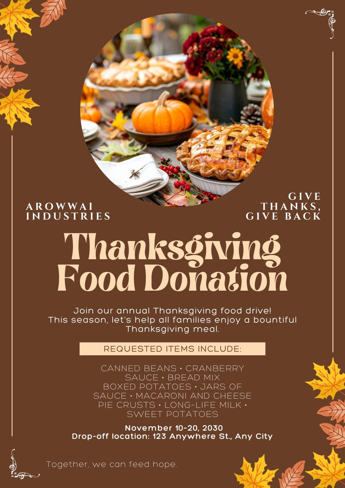 Brown And Orange Traditional Donation Thanksgiving Food Drive Flyer