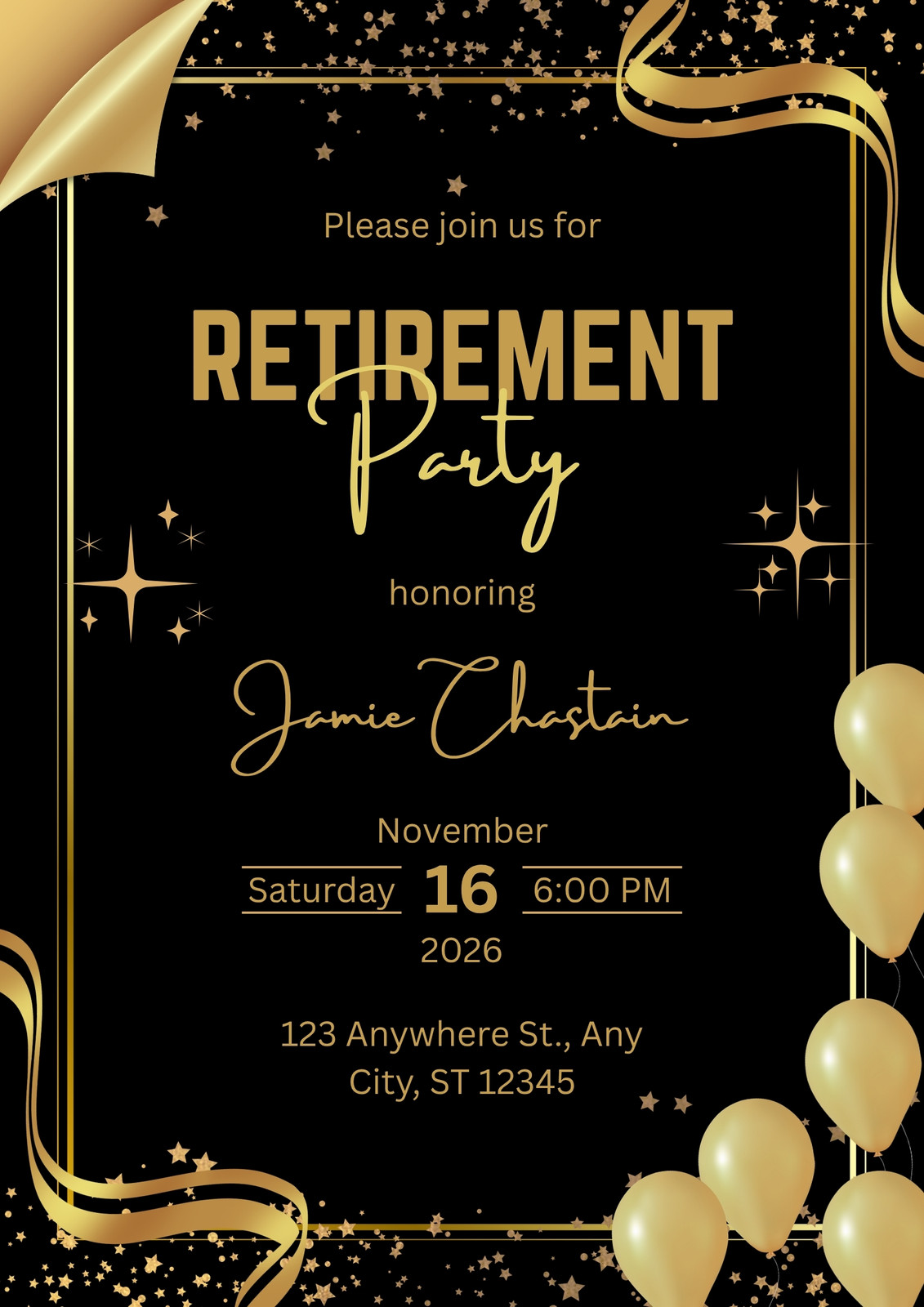 Gold and Black Elegant Retirement Party Flyer