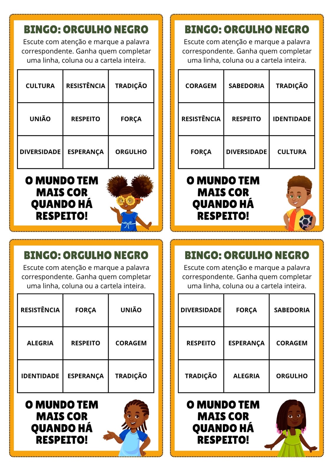 Jogo de bingo educativo - Orgulho negro - Lúdico