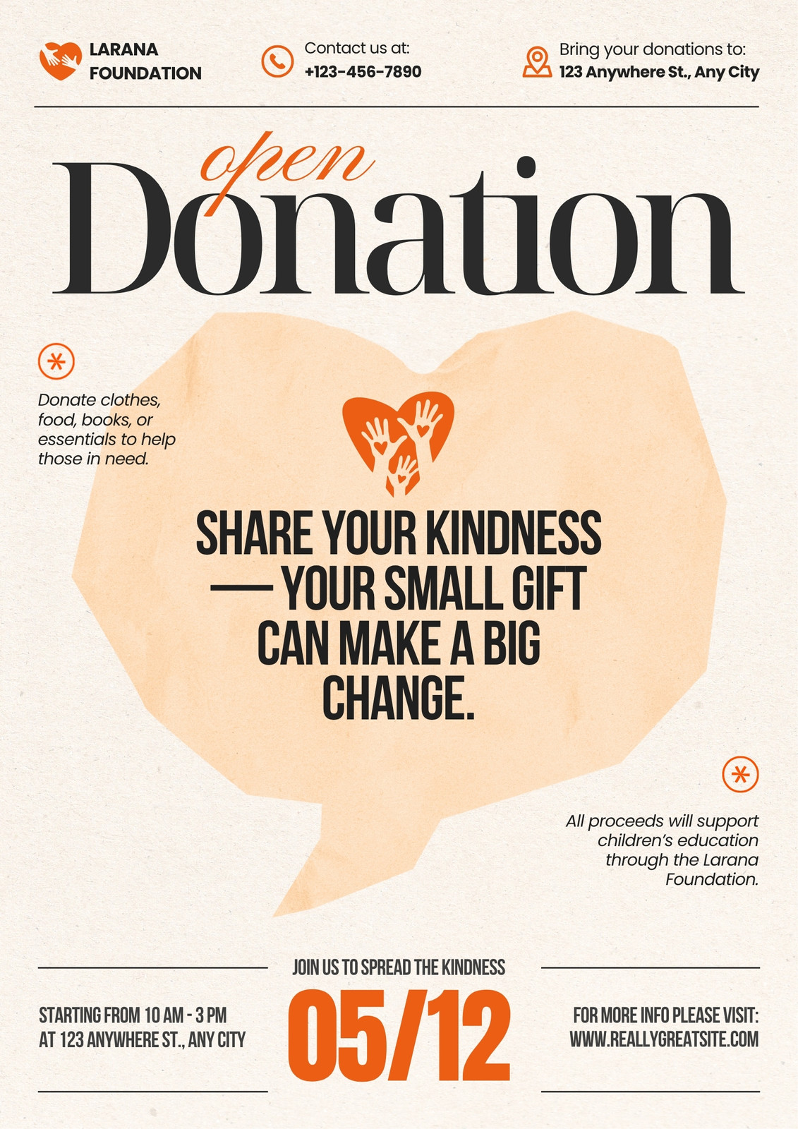 Beige and Orange Minimalist Open Donation Poster