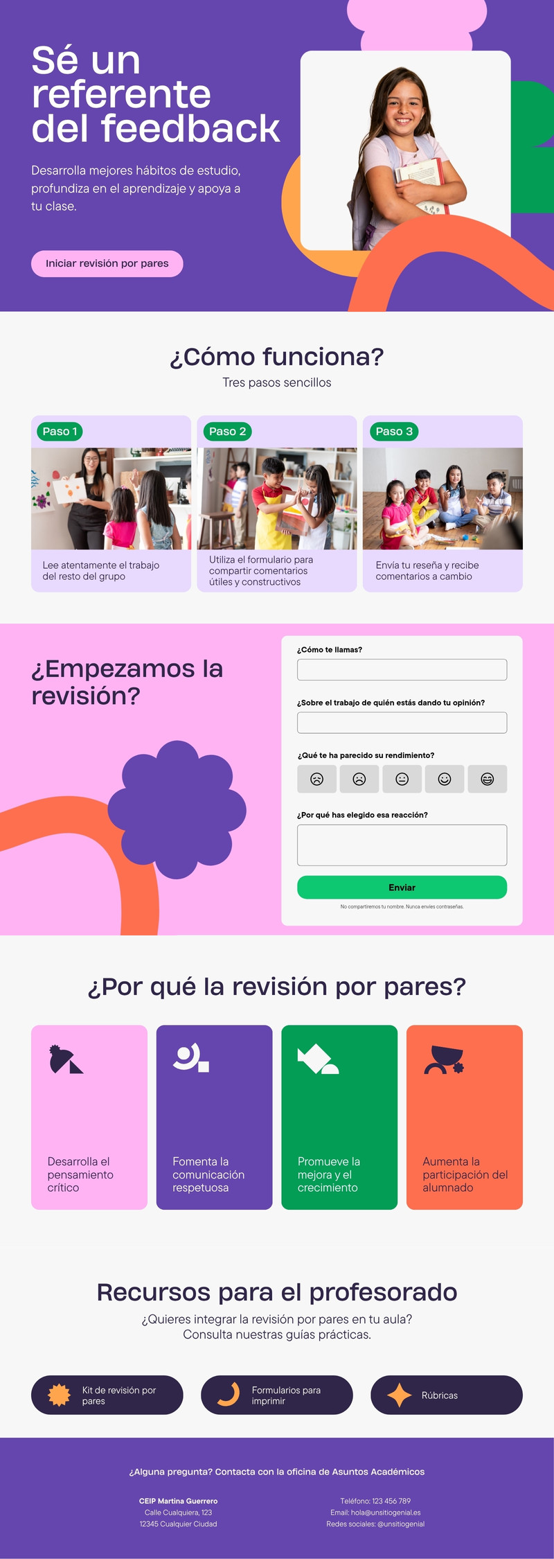 Sitio web con formulario de revisión por pares en estilo de bloques de construcción morados rosados y naranjas