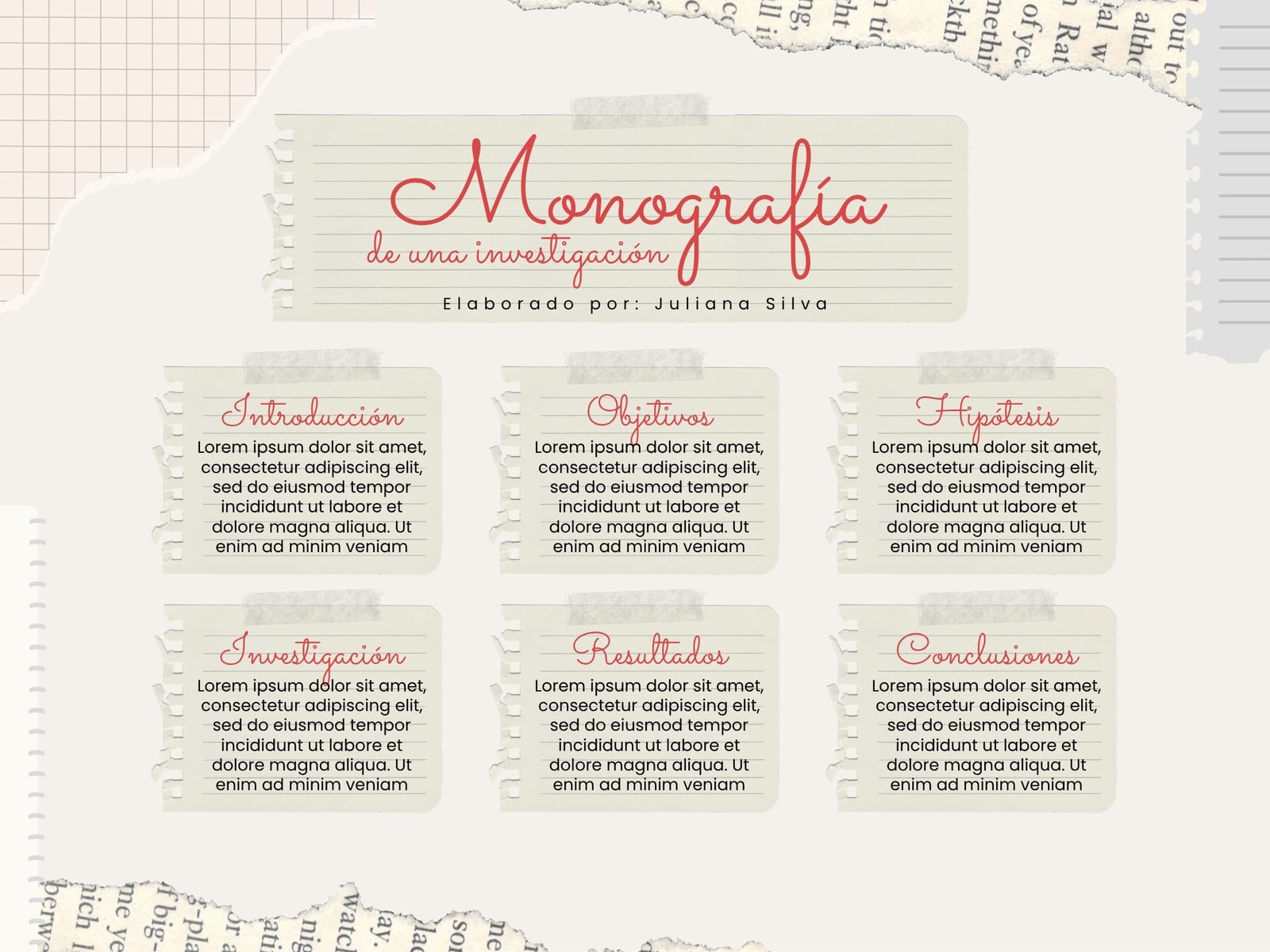 Grafica monografia de una investigacion papel rasgado rojo y gris