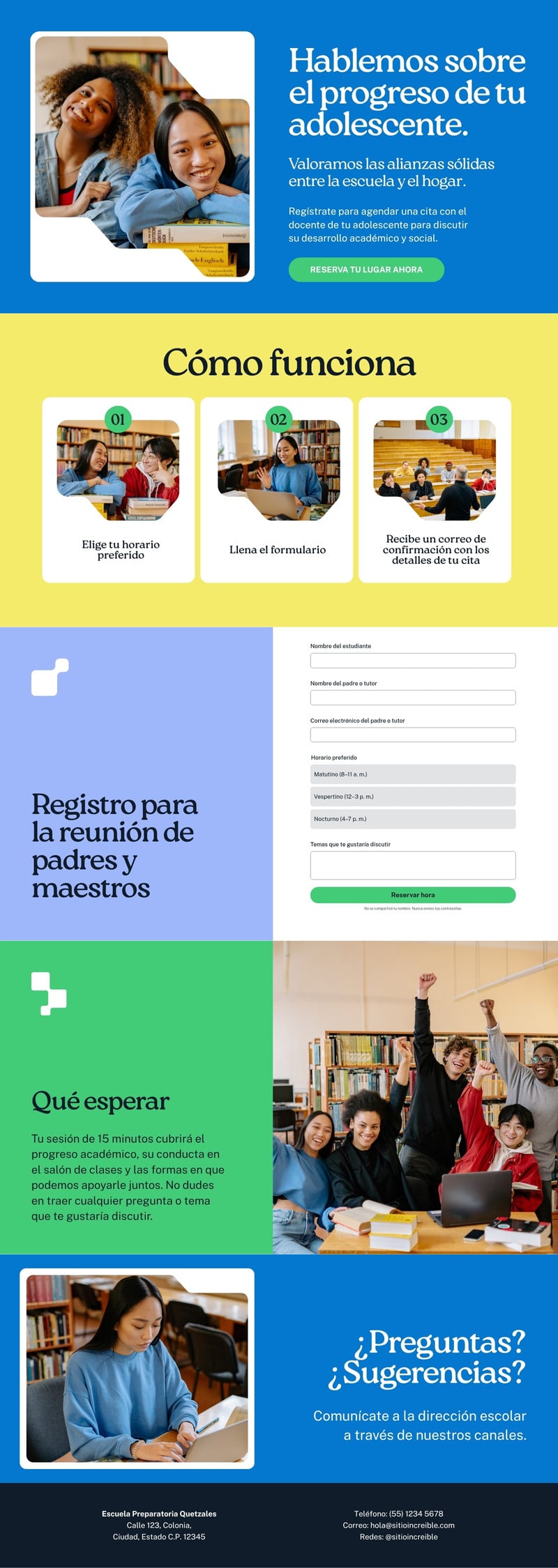 Sitio web de formulario para reservar la reunión de padres y maestros estilo simple en negrita en azul verde brillante blanco