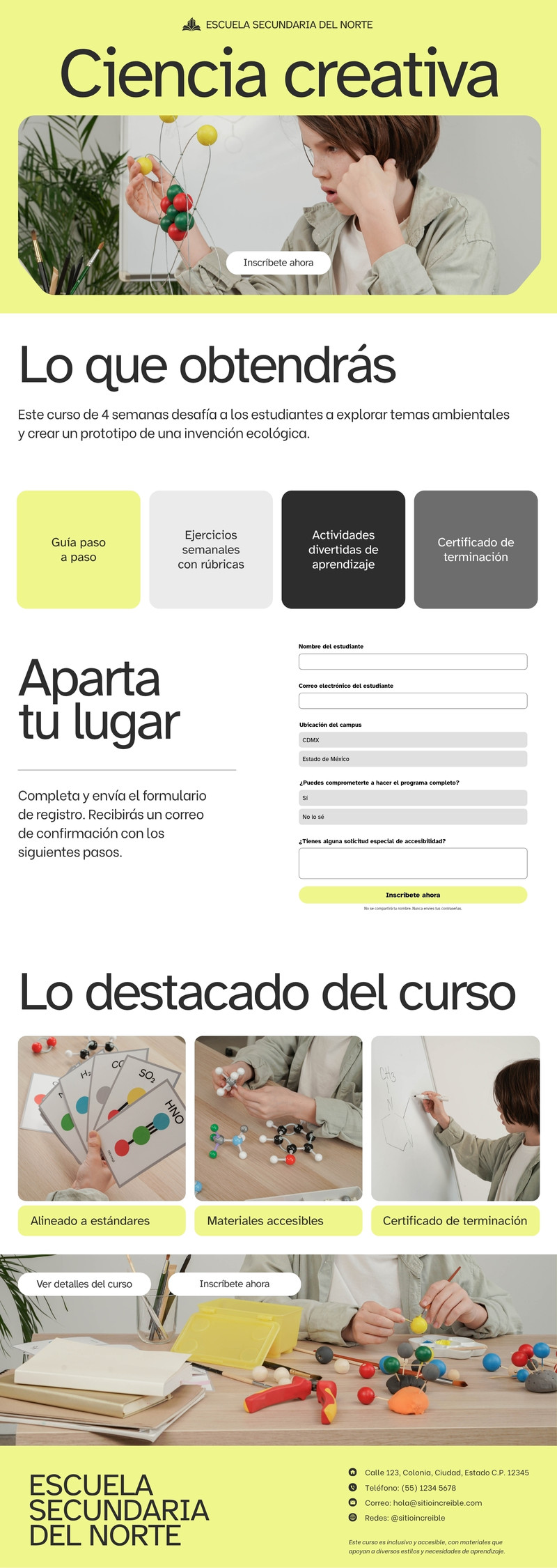 Sitio web del formulario de registro al curso estilo simple en negrita en amarillo claro negro blanco