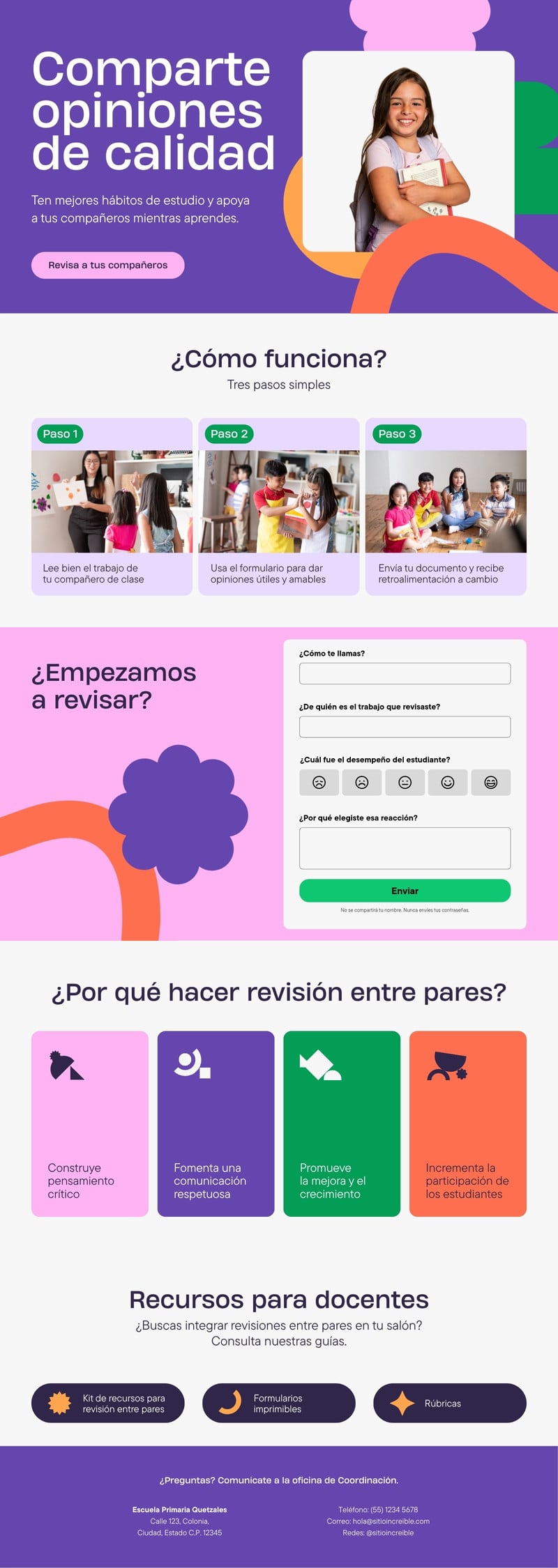 Sitio web con formulario de revisión por pares estilo bloques de construcción en morado rosa naranja