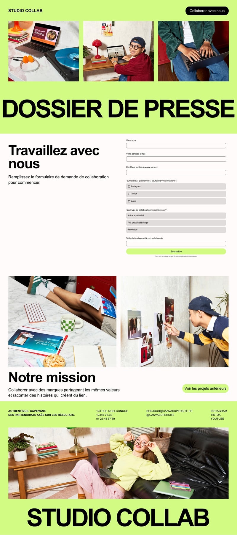 Site web pour formulaire de dossier de presse style moderne et expressif en crème et vert clair