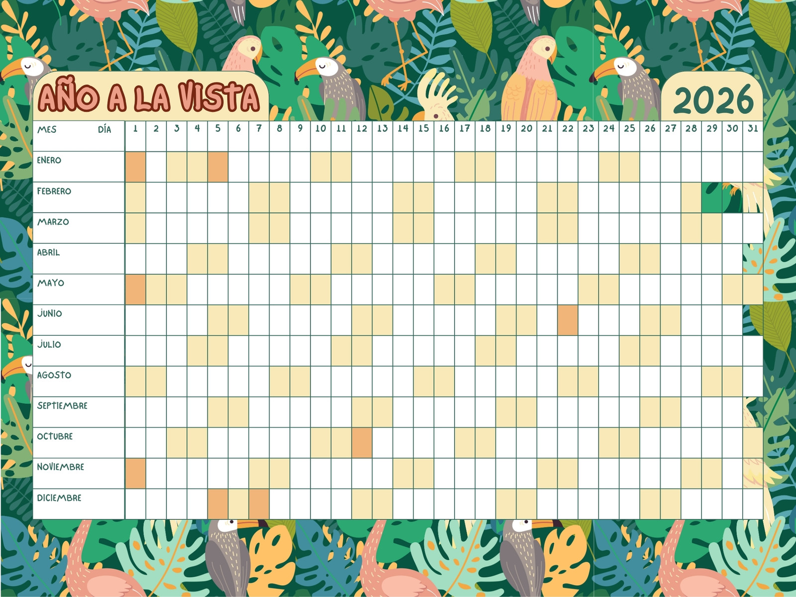 Gráfico A4 Calendario 2026 Tropical Rosa Verde y Amarillo