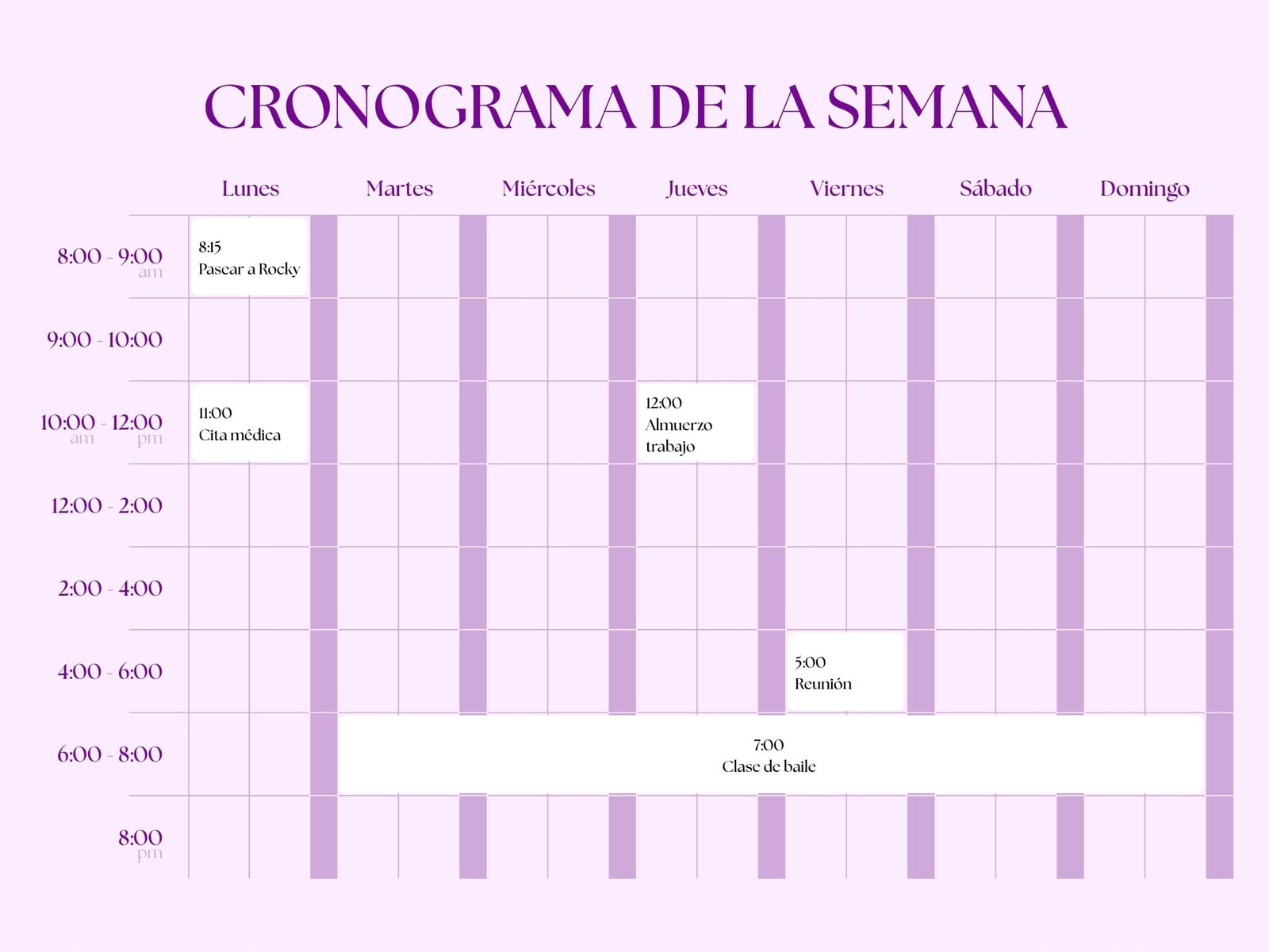 Gráfico Horario Semanal Minimalista Lila